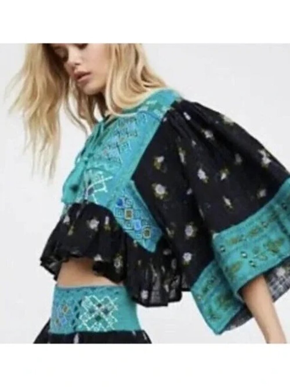 Free People Kissed By The Sun Embroidered Lace Up Top XS Cropped Kimono Sleeve